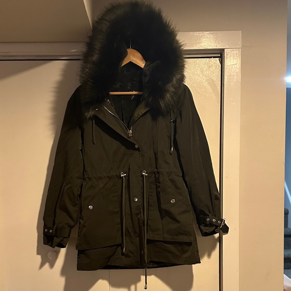 Love Token Dark Green Utility Jacket with Black Faux Fur